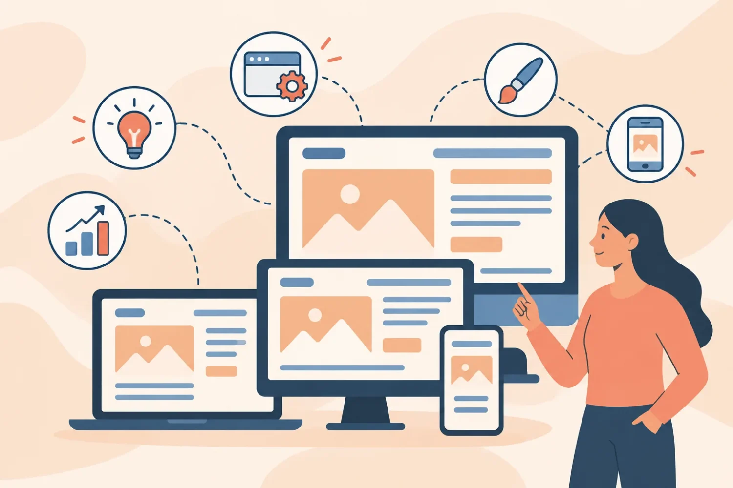 Ilustración de una web profesional: la misma página en monitor, laptop y celular, con íconos de idea, diseño y crecimiento