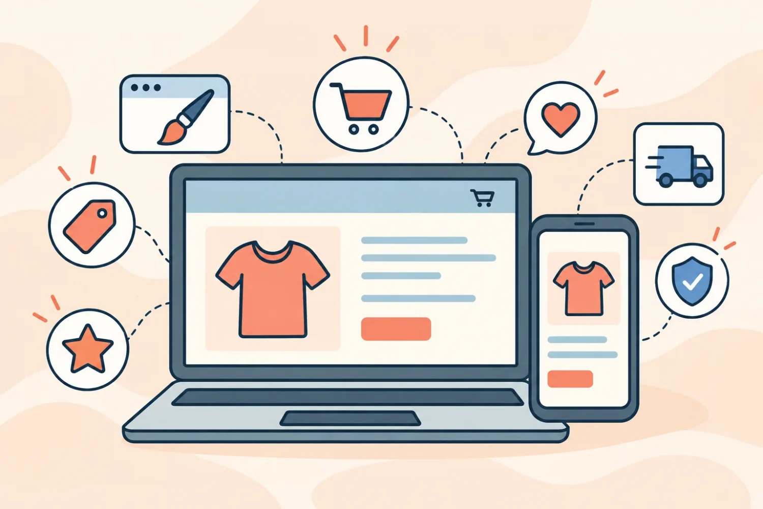 Ilustración de una tienda online: un producto en la laptop y el celular, con íconos de carrito, etiqueta, valoración, envío y compra segura
