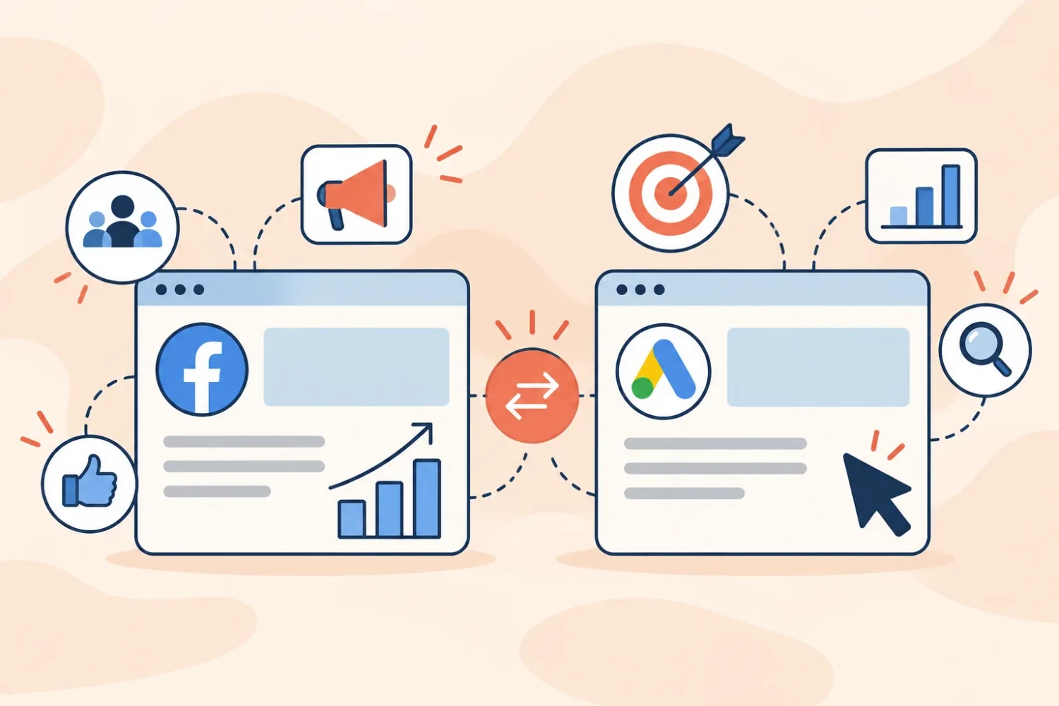 Ilustración de Meta Ads frente a Google Ads: dos ventanas con sus logos, conectadas, con íconos de público, anuncio, objetivo, búsqueda y resultados