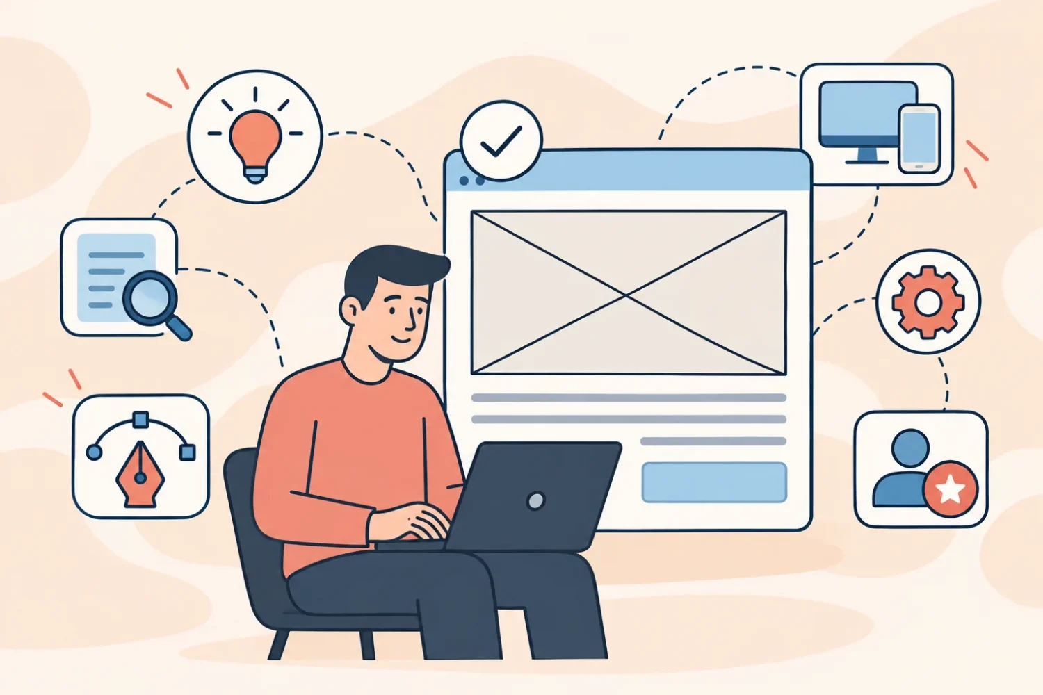 Ilustración de una persona en su laptop frente al boceto de una web, con íconos de idea, revisión, diseño y valoraciones