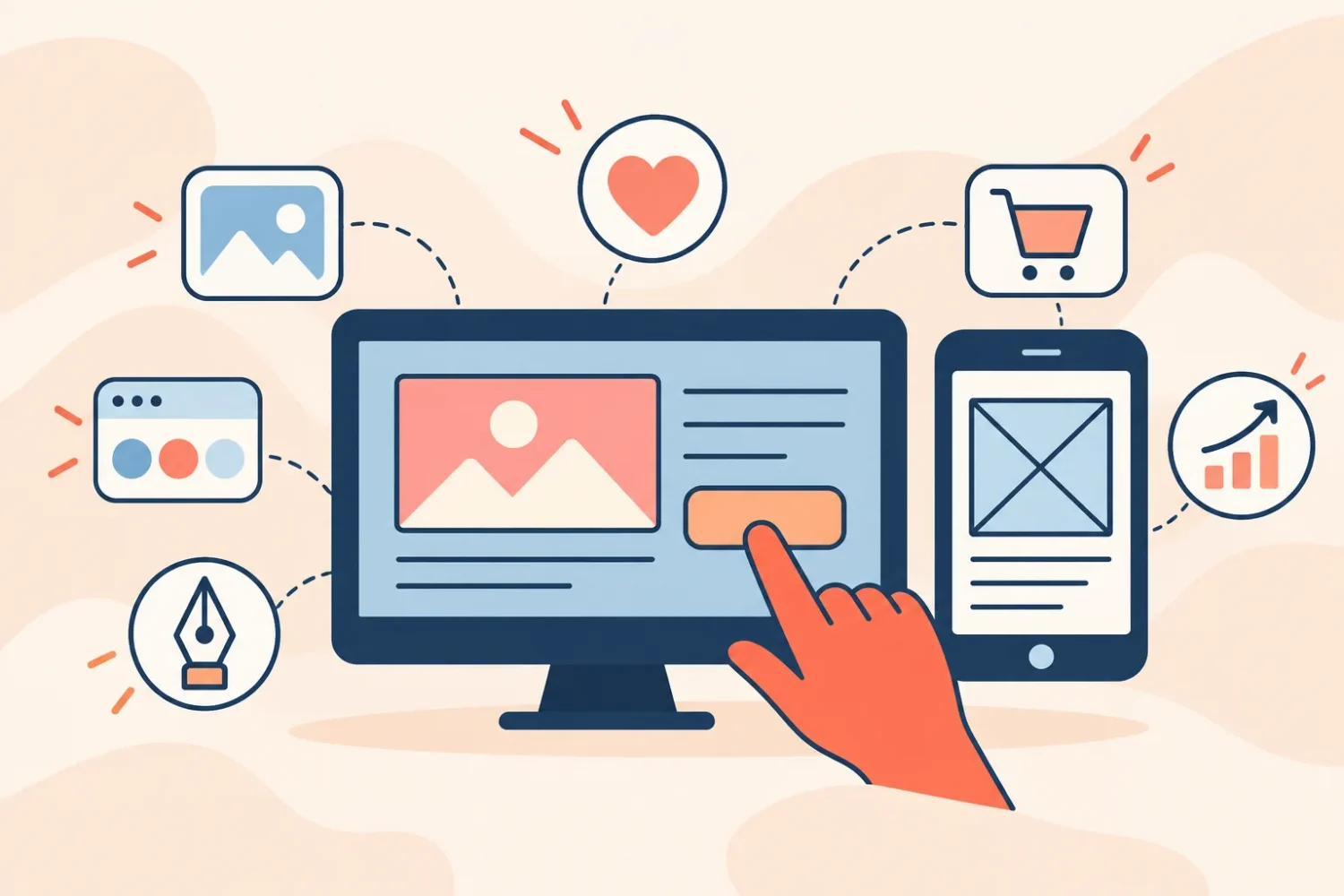 Ilustración de UX/UI: una mano toca el botón de una web en el monitor y el celular, con íconos de imagen, color, favorito, carrito y crecimiento