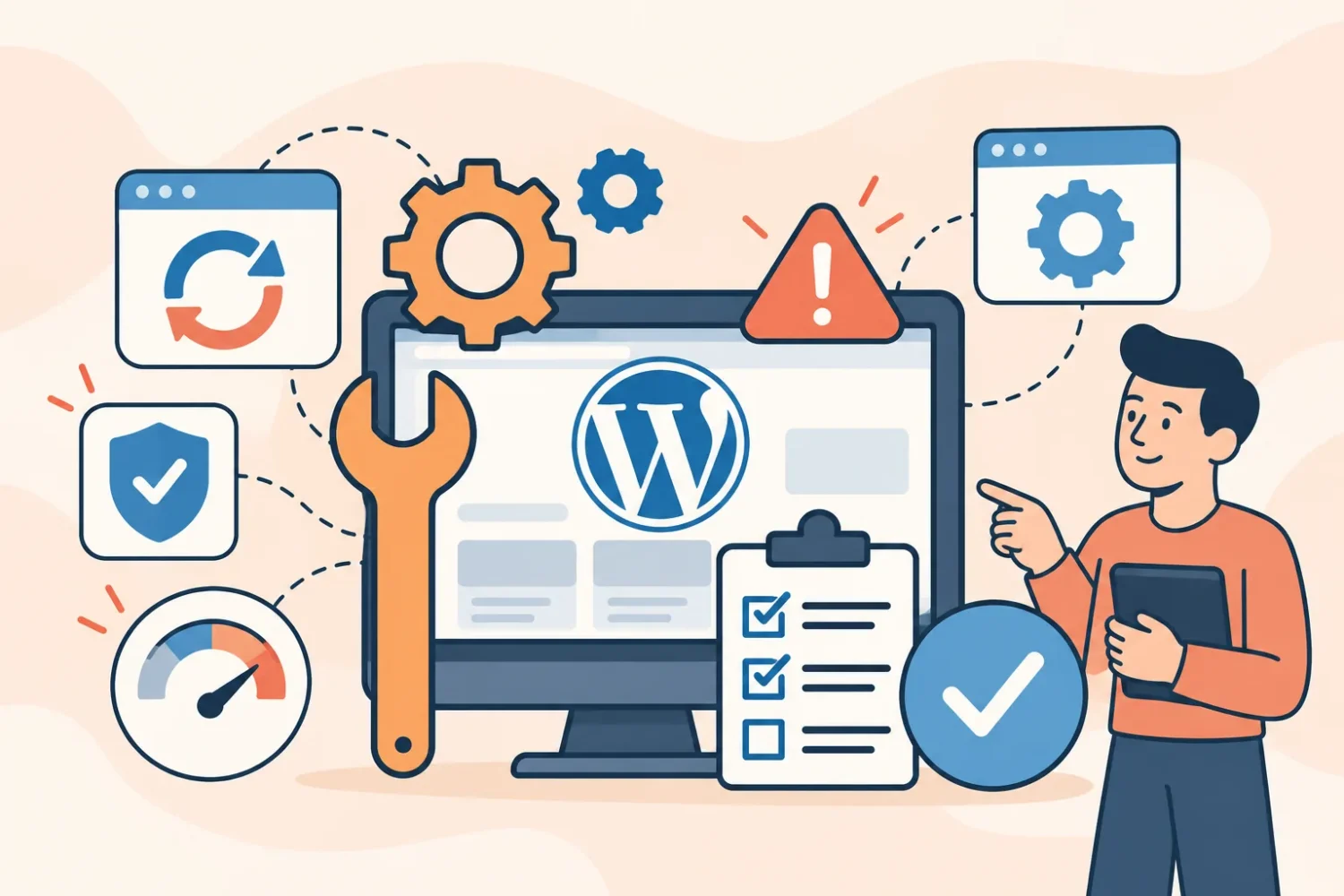 Ilustración de mantenimiento de WordPress: un monitor con el logo de WordPress, una llave, engranajes, una lista de control y avisos de actualización, seguridad y velocidad