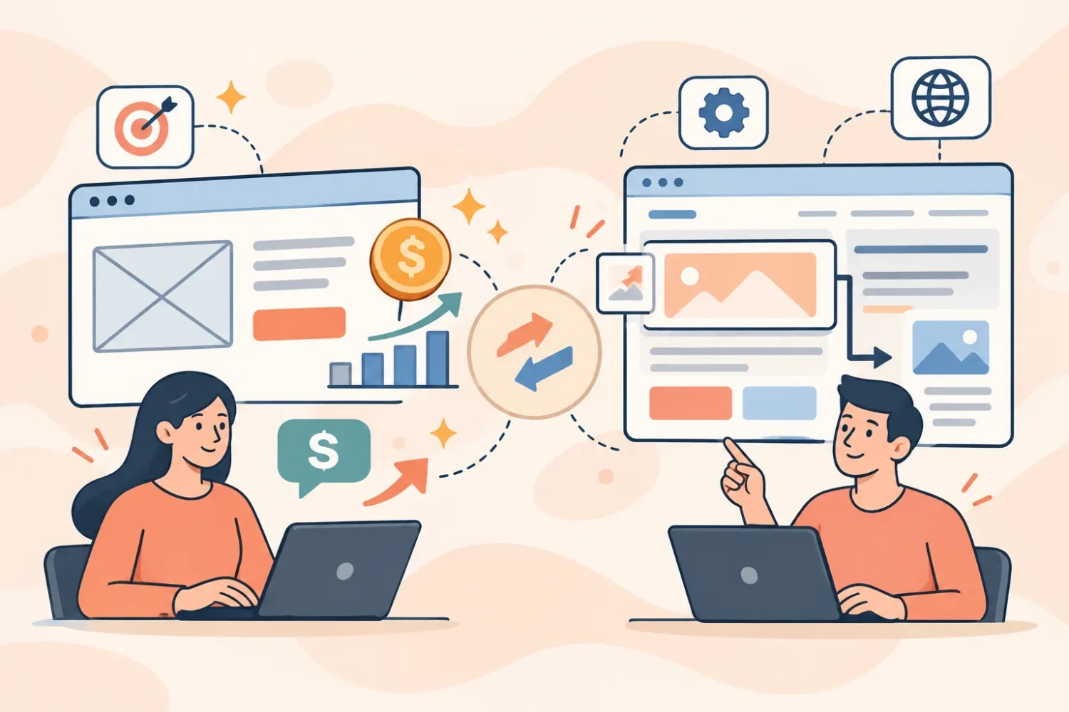 Ilustración de landing page frente a sitio web completo: dos personas en sus laptops, una con una página simple y otra con una web de varias secciones
