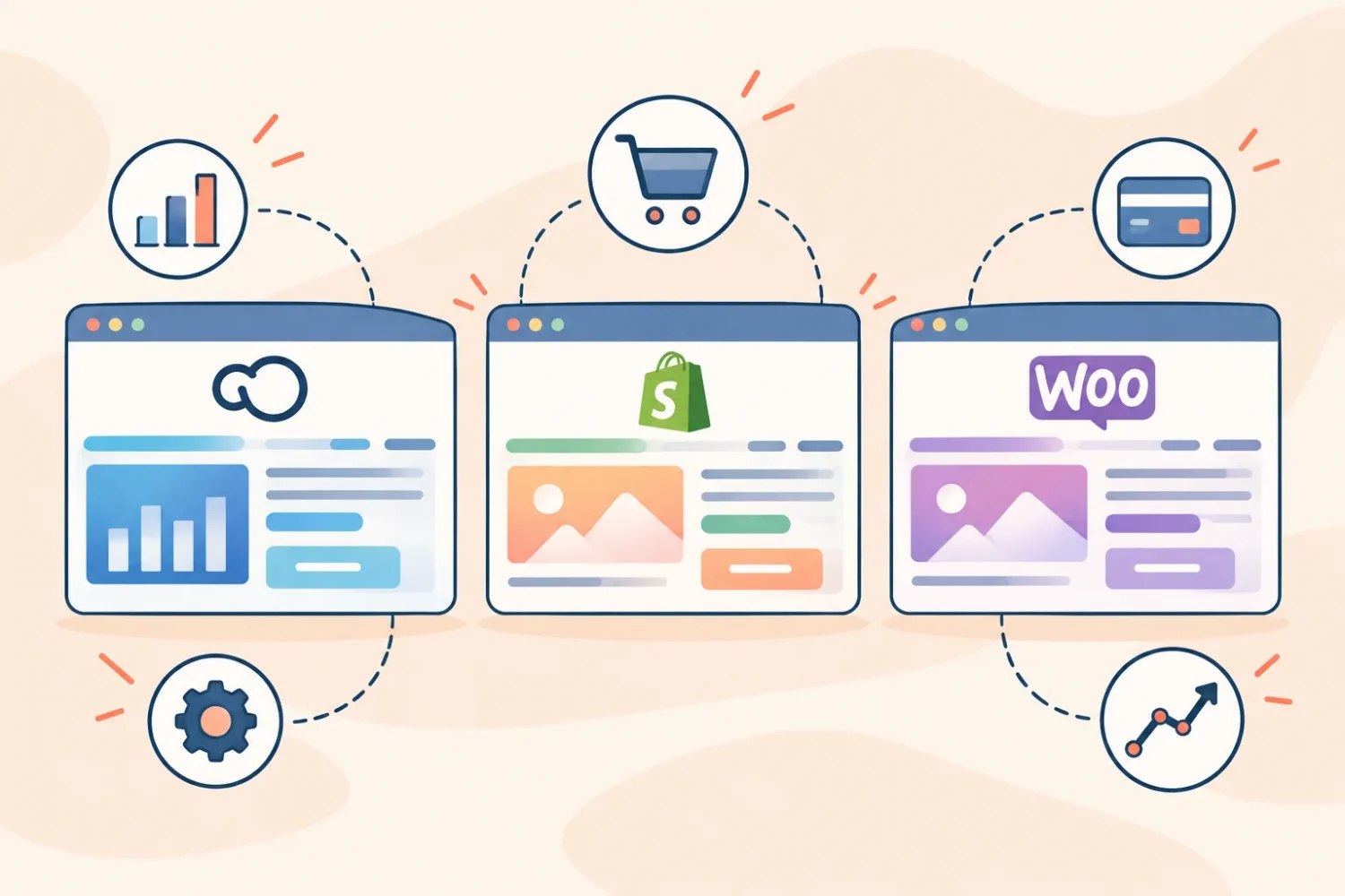 Ilustración que compara Tiendanube, Shopify y WooCommerce: tres ventanas con sus logos, rodeadas de íconos de carrito, pago, estadísticas y configuración