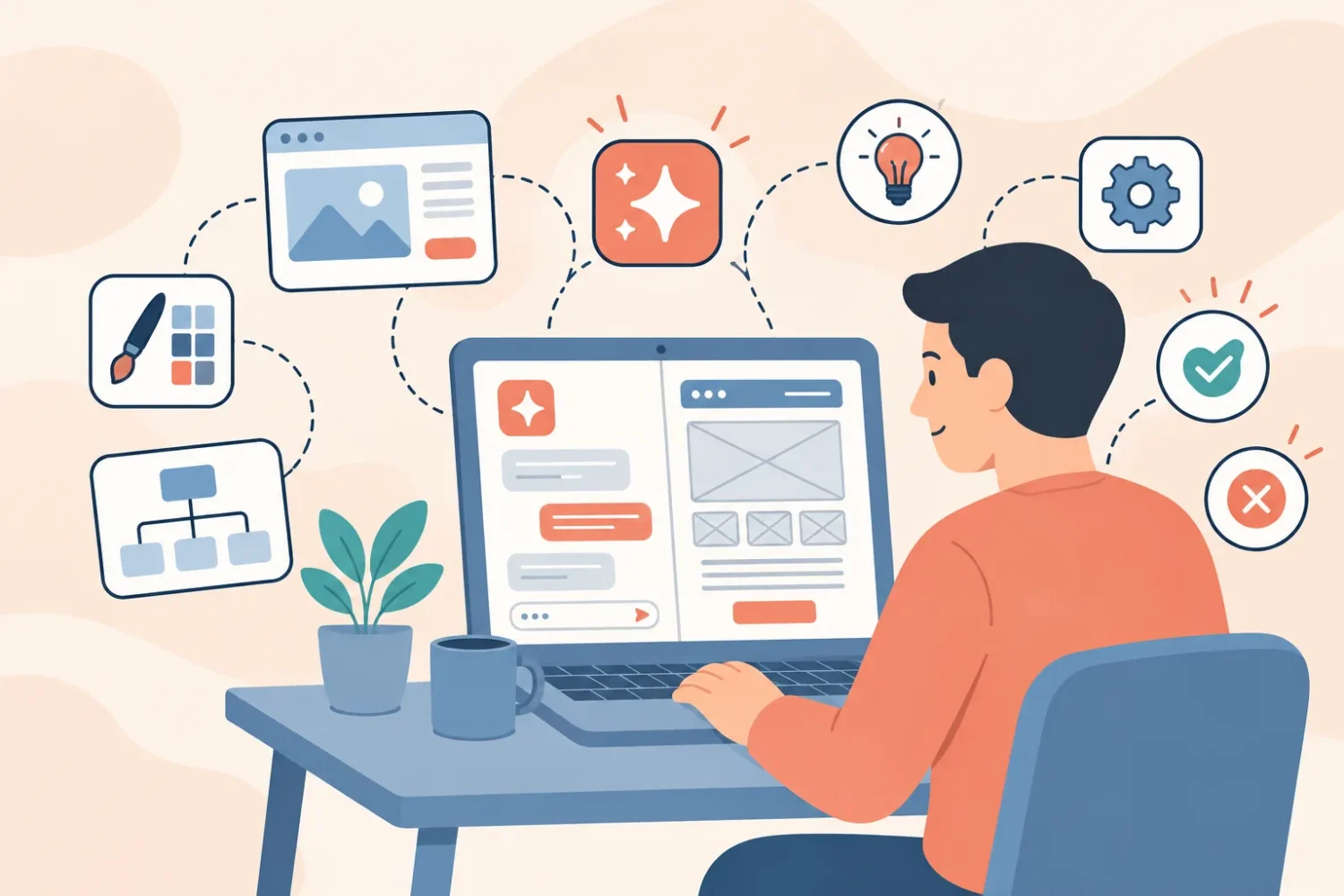 Ilustración de diseño web con inteligencia artificial: una persona en su laptop trabajando con un asistente y el boceto de una página