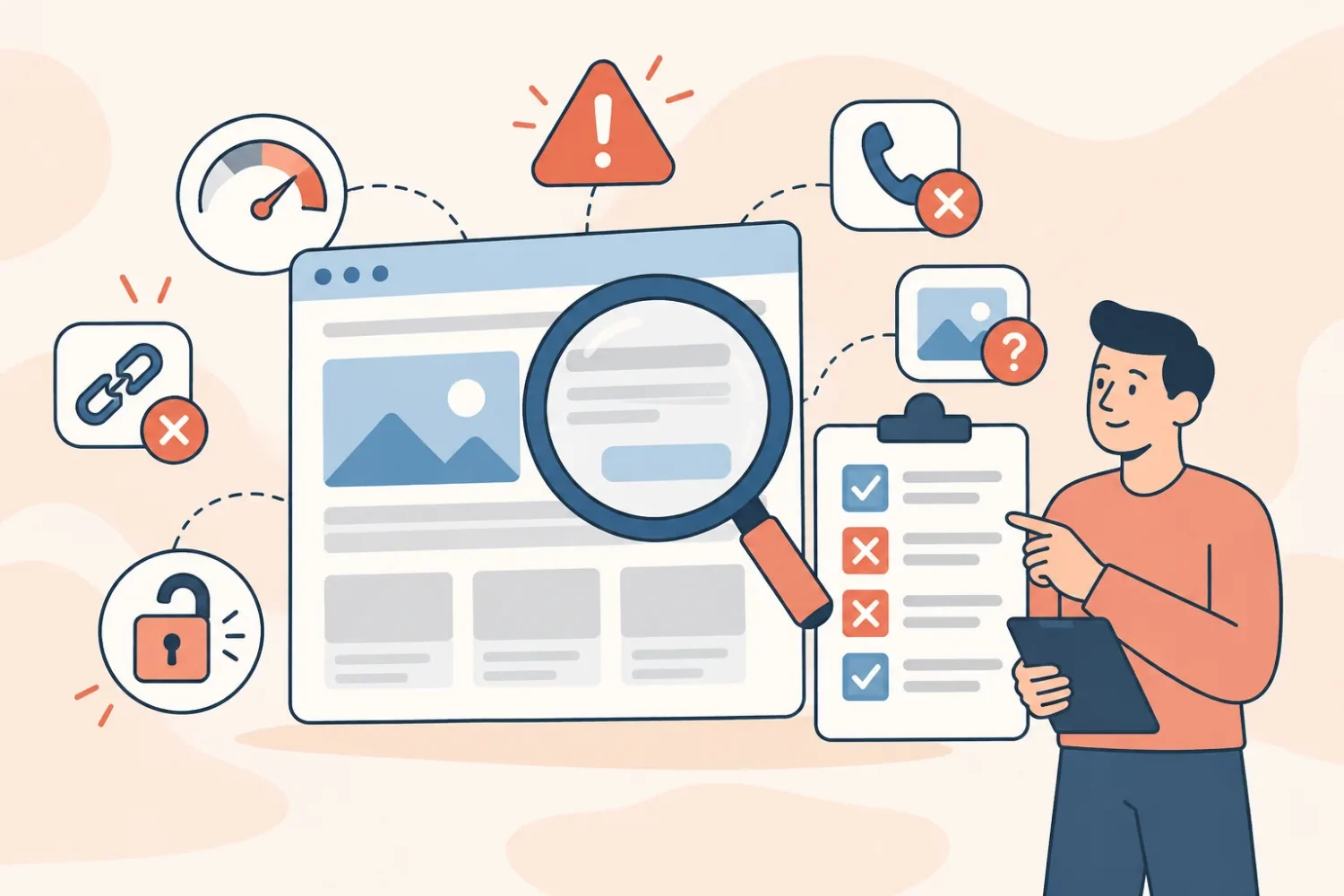 Ilustración de una auditoría web: una lupa sobre una página con avisos de errores y una lista de control