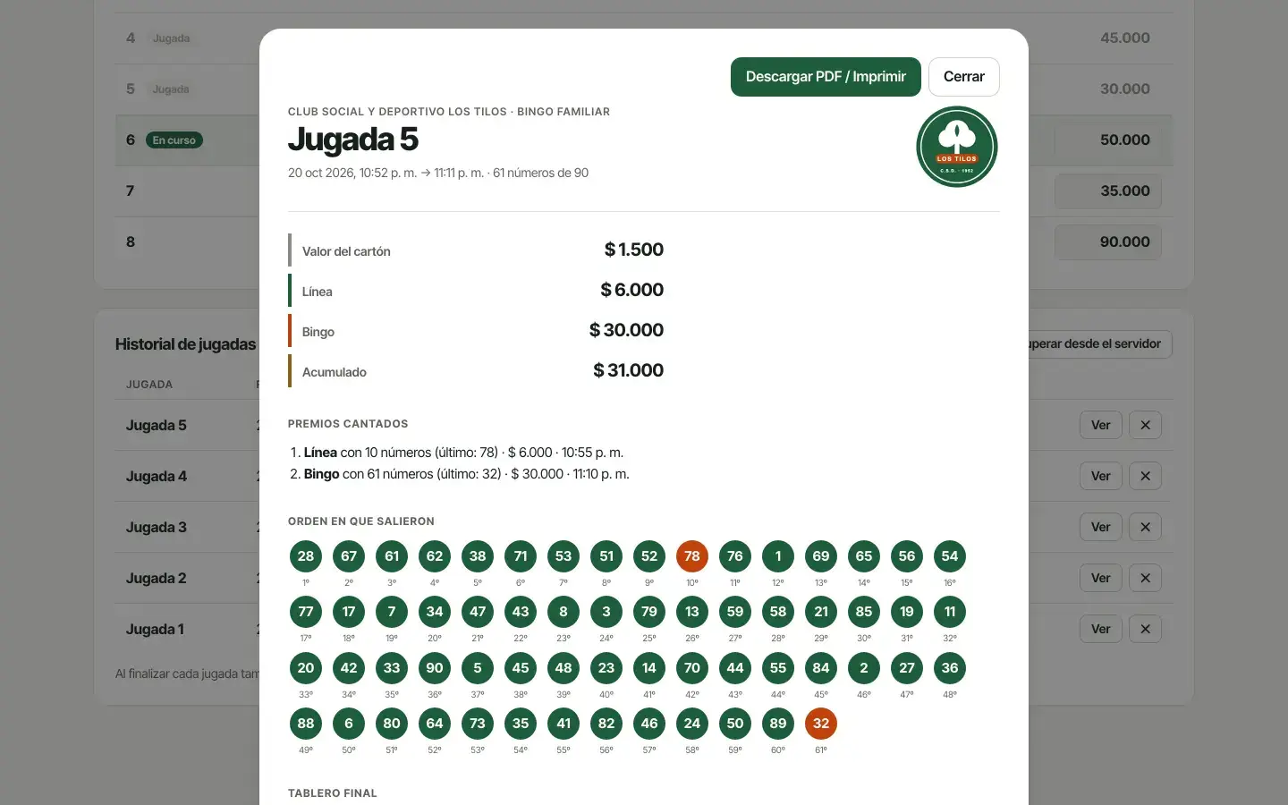 El detalle de la jugada 5: valores, premios cantados y el orden en que salieron los números