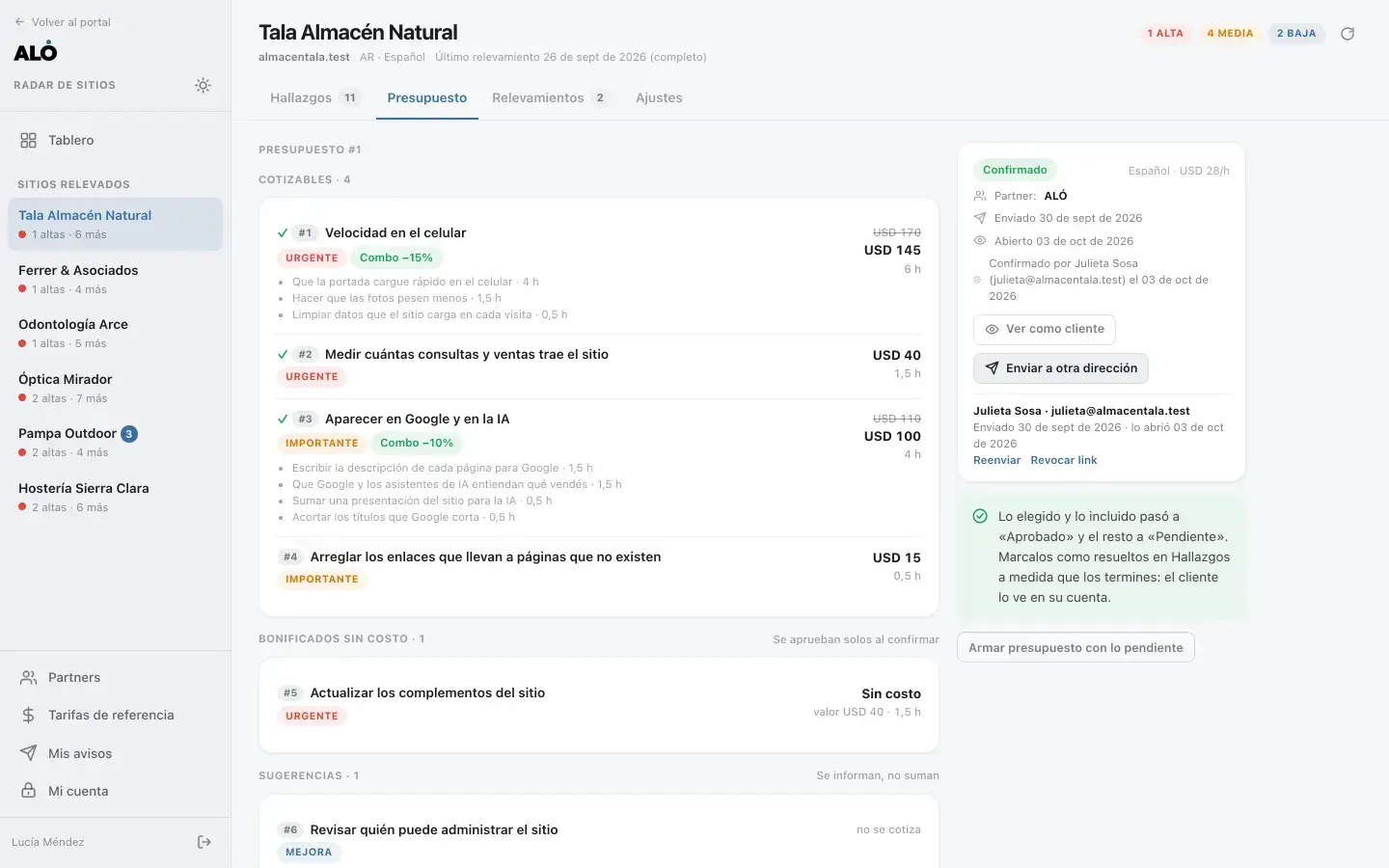 Radar: un presupuesto confirmado por la clienta, con combos