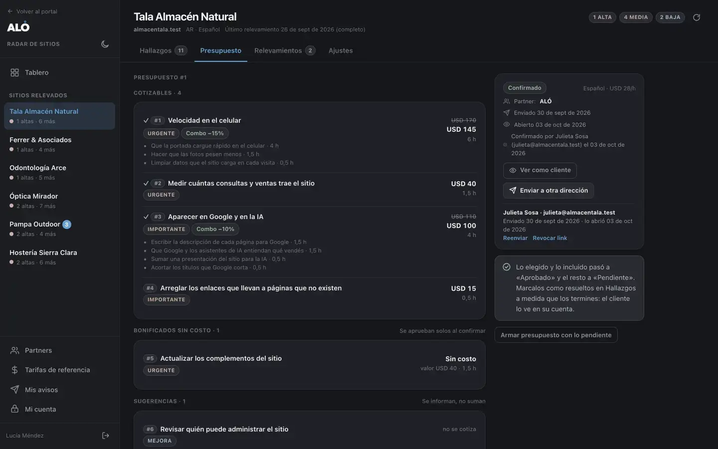 Radar: un presupuesto confirmado por la clienta, con combos