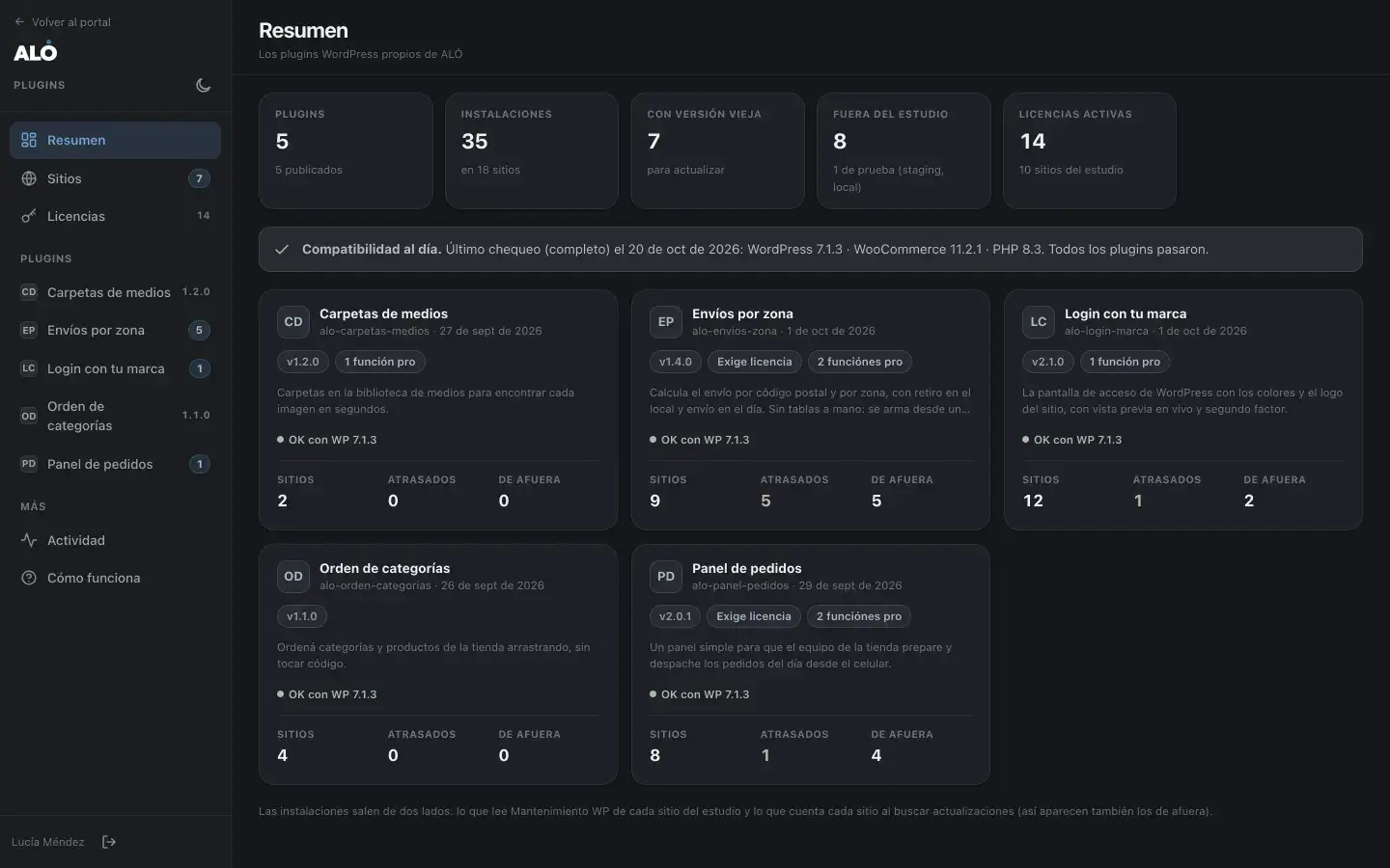 Plugins: catálogo propio con versiones, compatibilidad e instalaciones