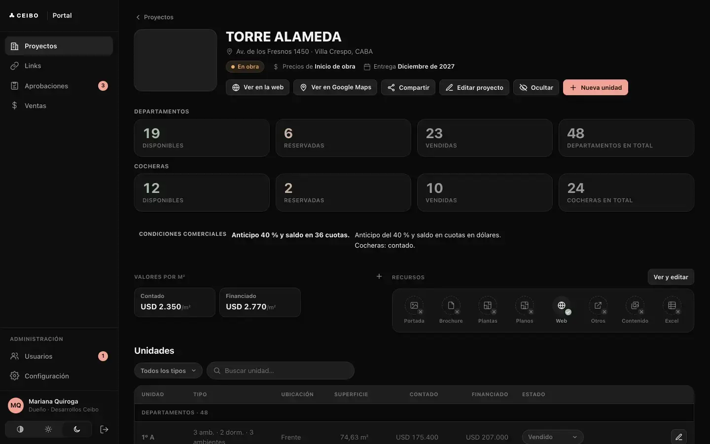 El mismo portal en modo oscuro