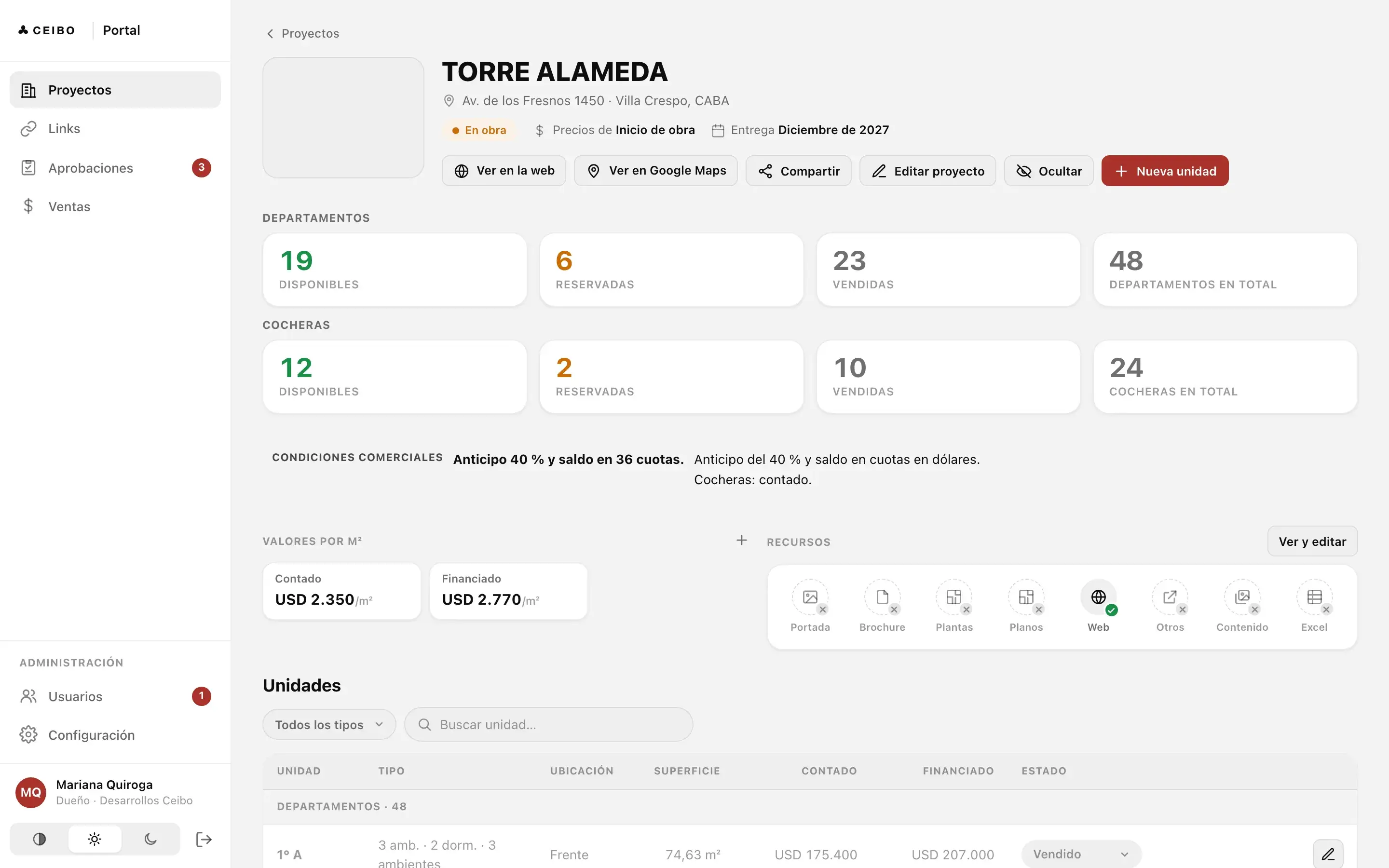 Portal de ventas de ejemplo: ficha del proyecto Torre Alameda