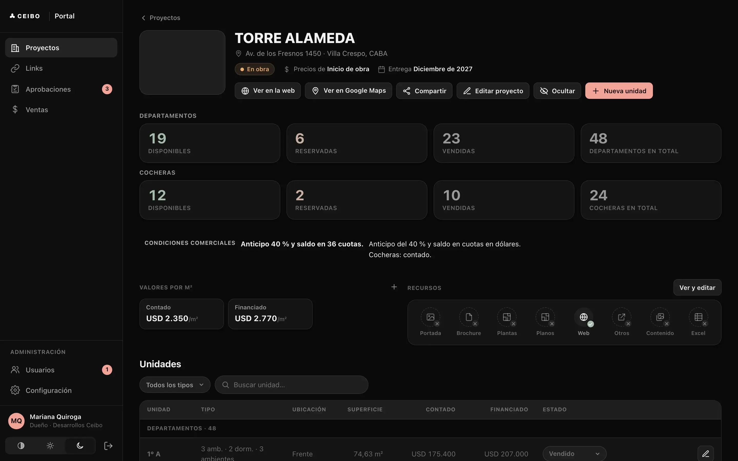 Portal de ventas de ejemplo: ficha del proyecto Torre Alameda