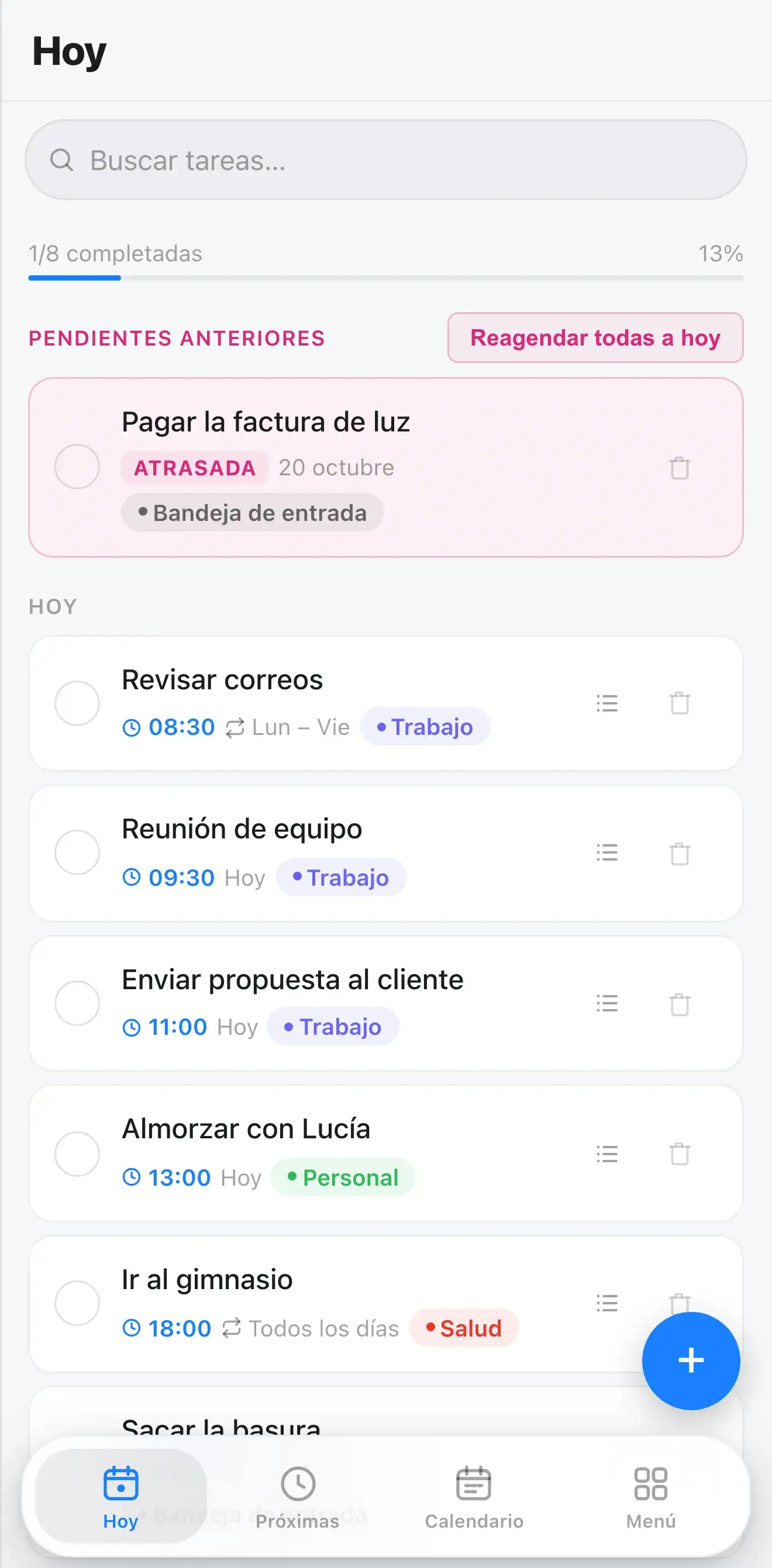 App Tareas en el iPhone: tareas de hoy con datos de ejemplo