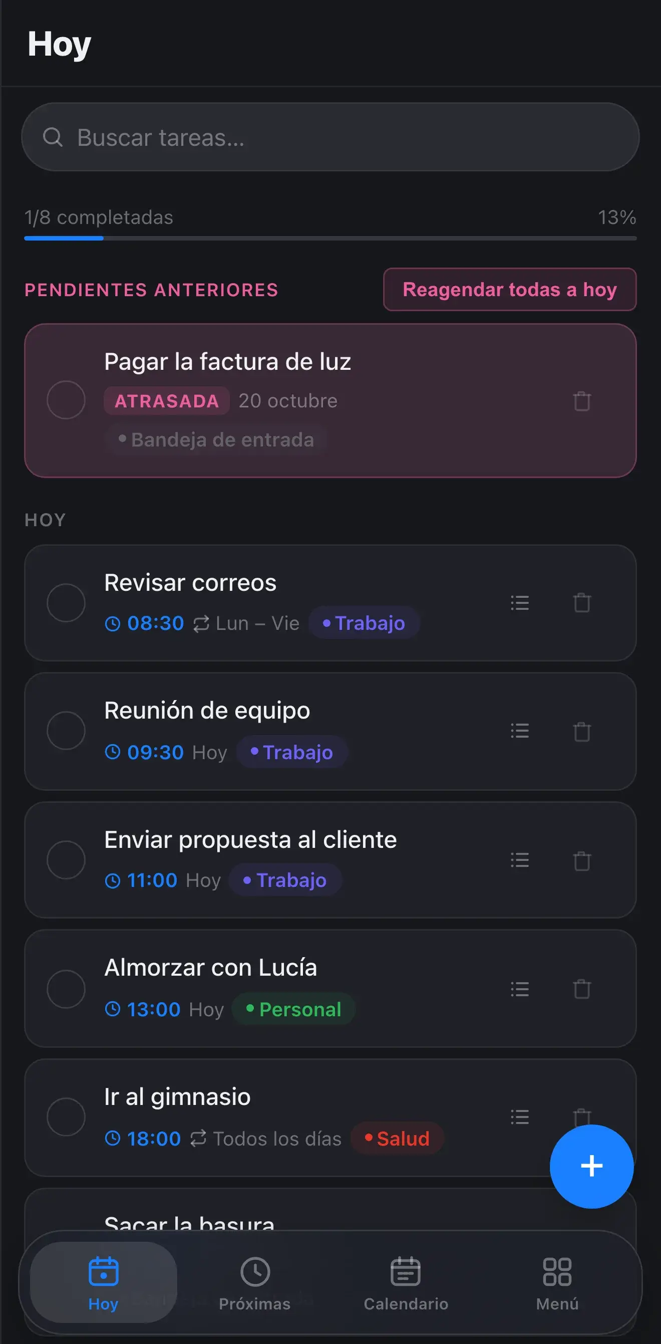 App Tareas en el iPhone: tareas de hoy con datos de ejemplo