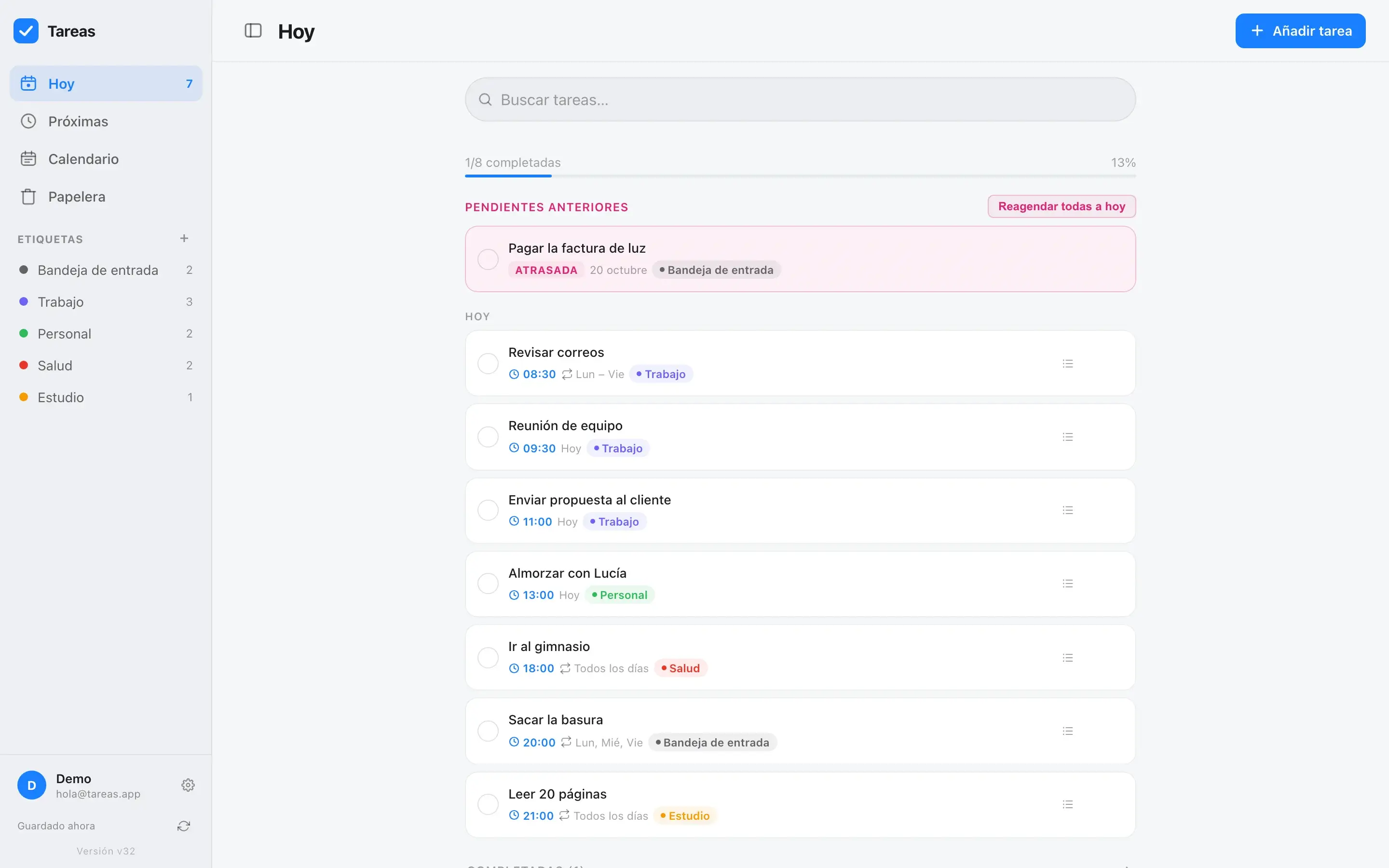 App Tareas en la compu: la pantalla Hoy con el panel lateral, datos de ejemplo