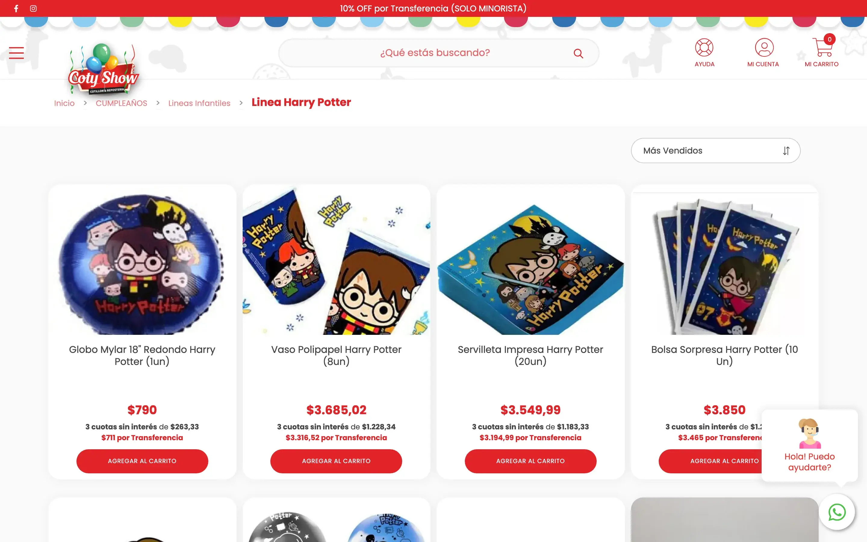 Grilla de productos con tarjeta y precio · Línea Harry Potter