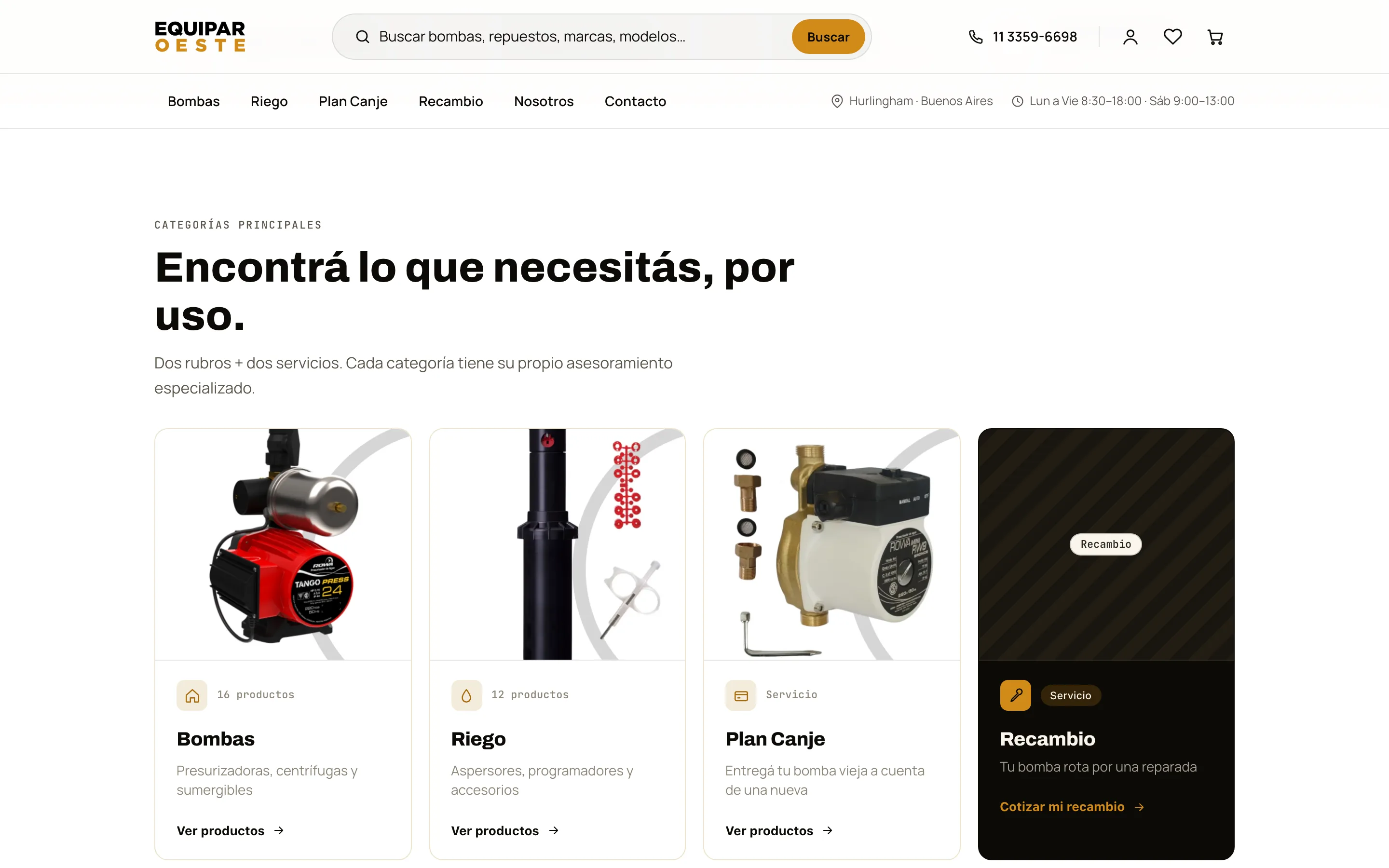 Categorías principales · dos rubros y dos servicios, con su cantidad de productos