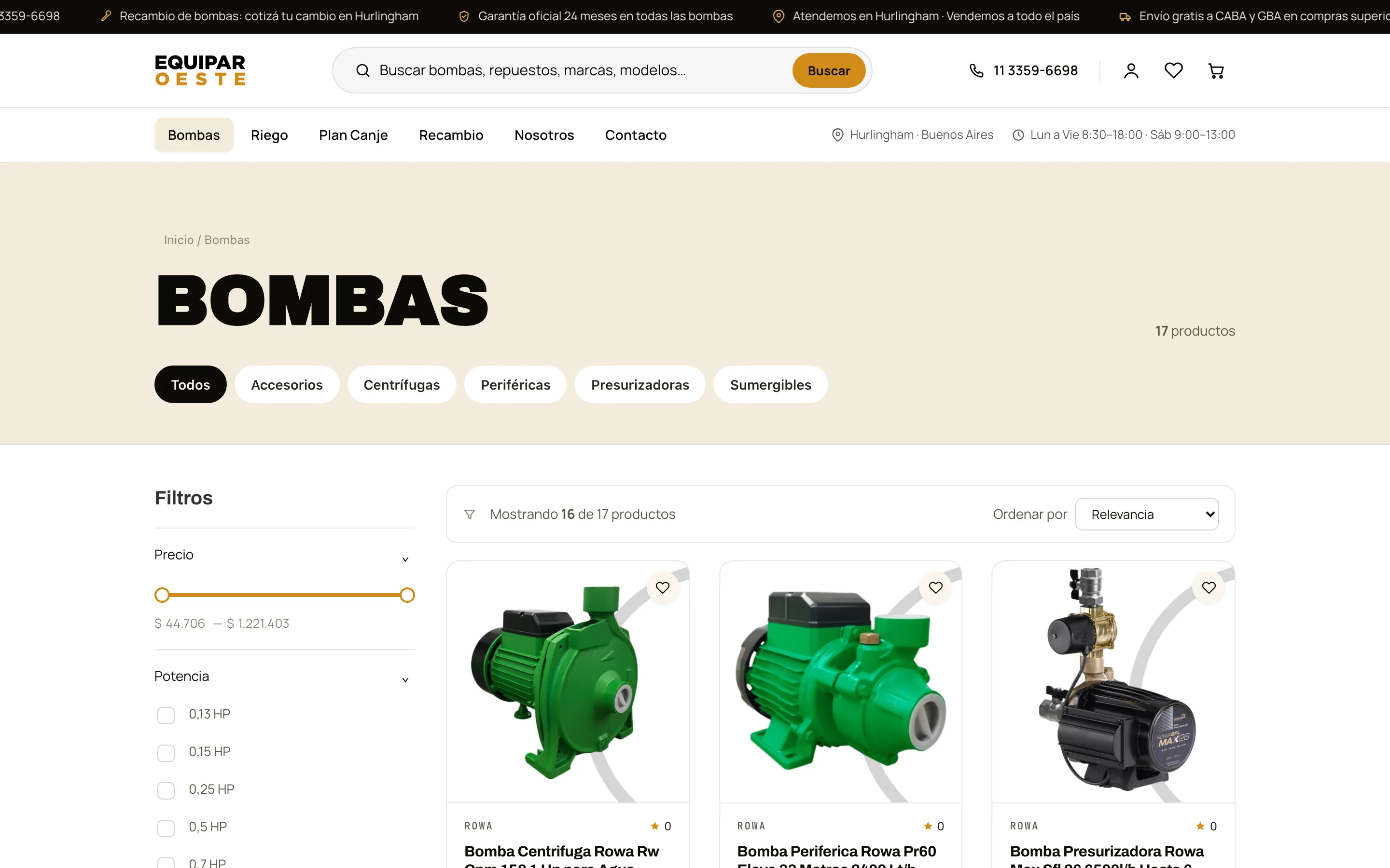 Catálogo · filtros por tipo, marca y prestación, tarjeta con precio