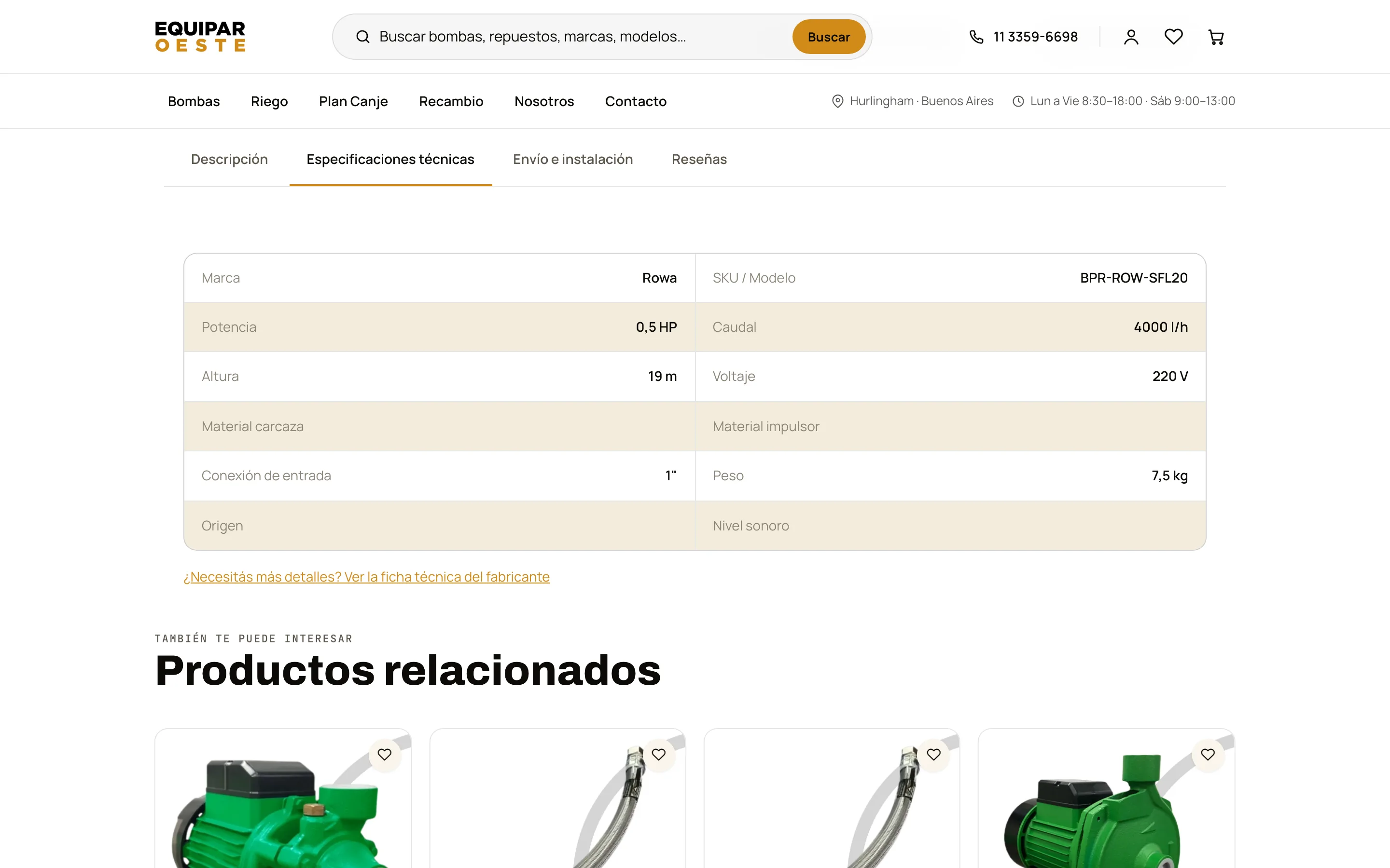 Datos técnicos del fabricante · caudal, altura, conexión y peso en cada bomba