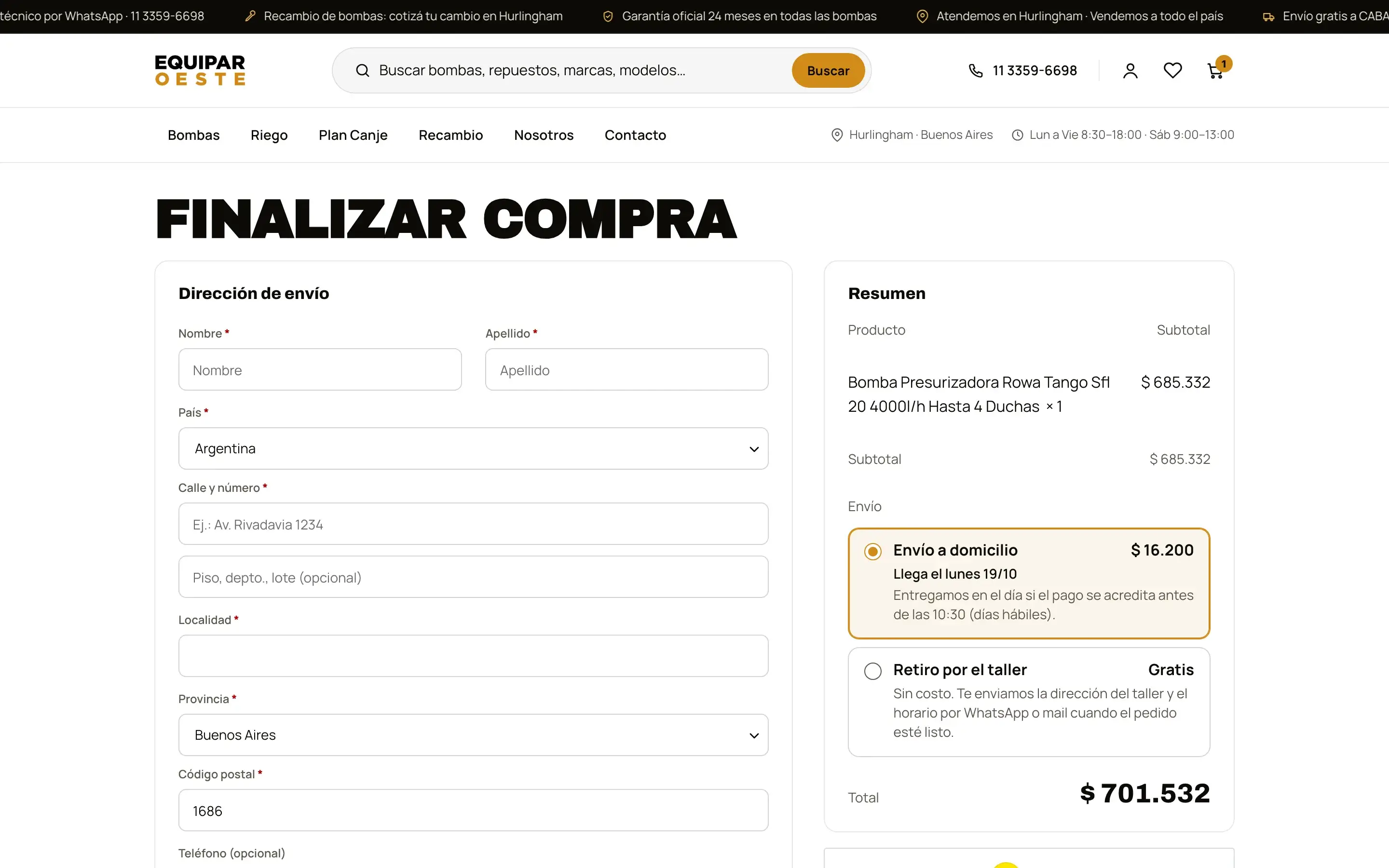 Checkout · datos, envío en tarjetas y pago con Mercado Pago