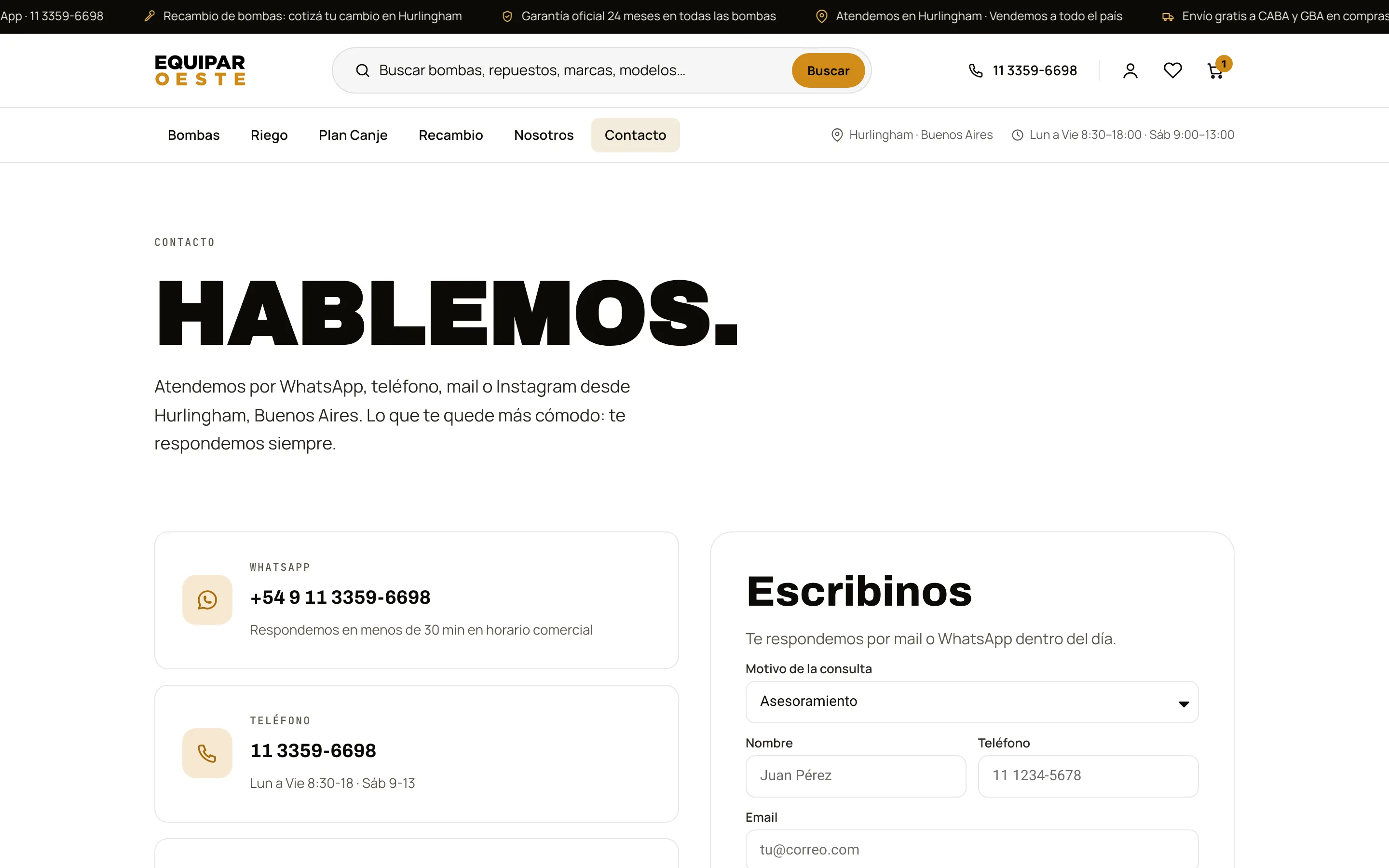 Contacto · formulario, WhatsApp y horarios