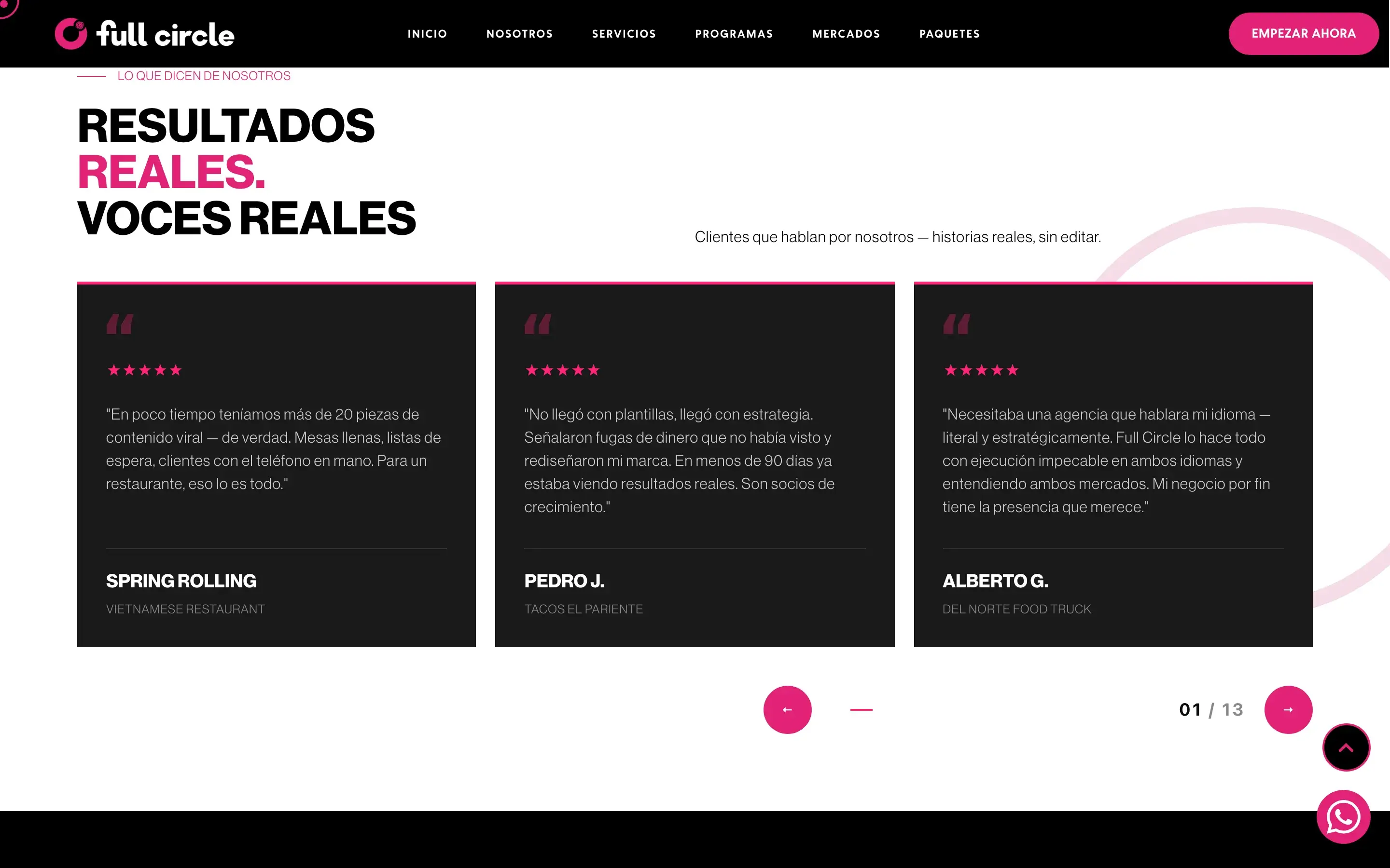 Lo que dicen de nosotros · slider de testimonios