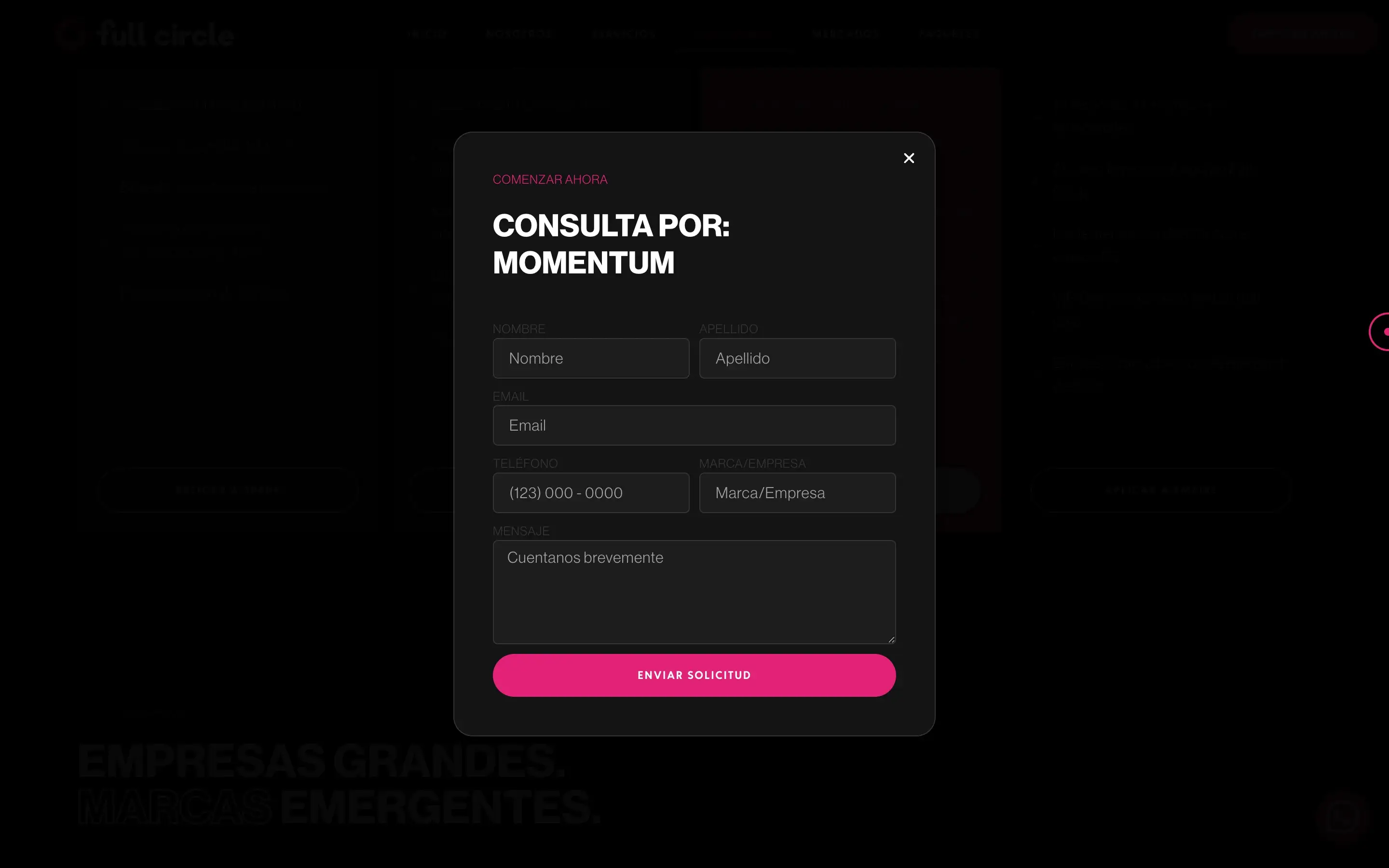 Popup de contacto · formulario Comenzar Ahora