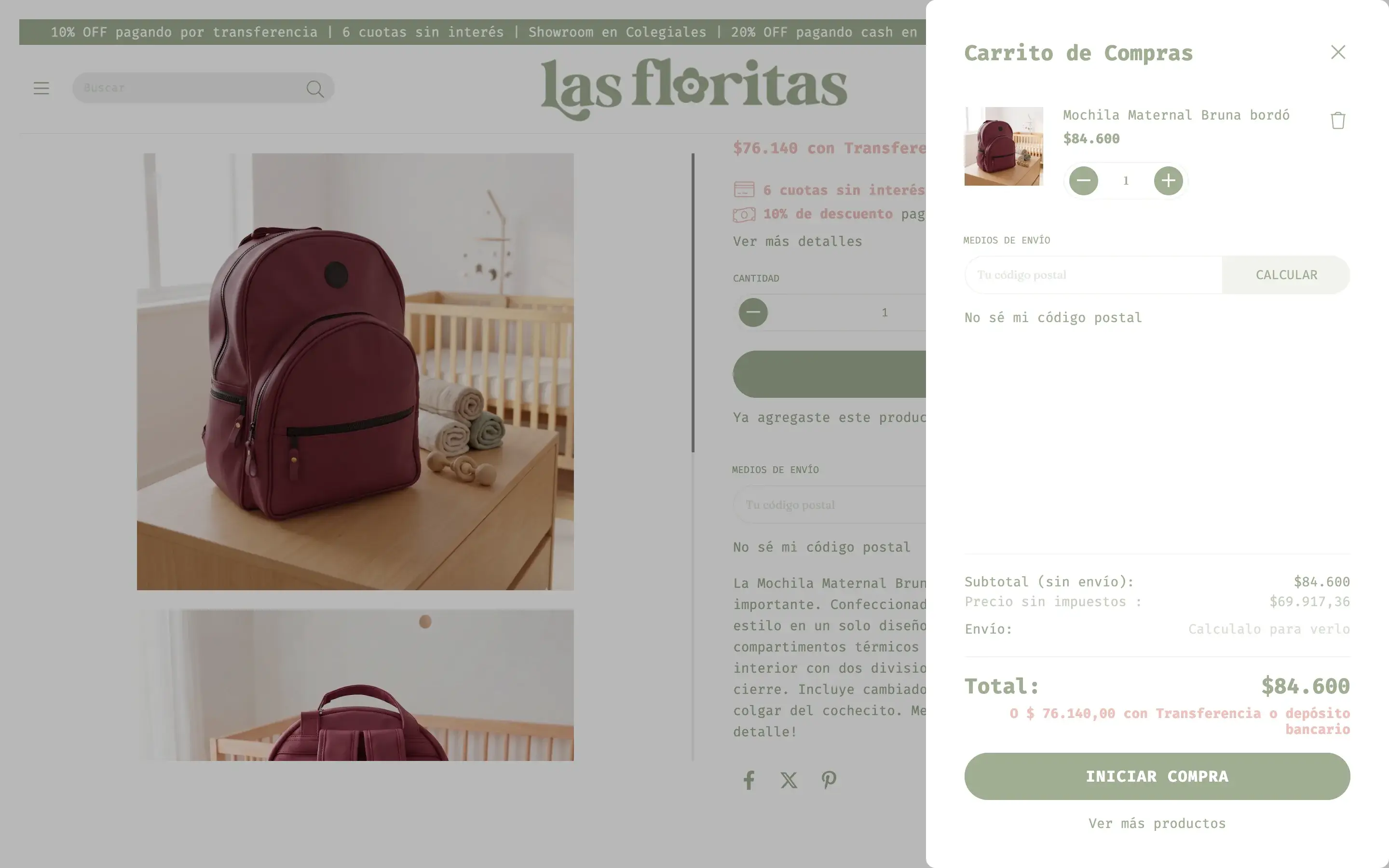 Carrito abierto (drawer) sobre ficha de producto