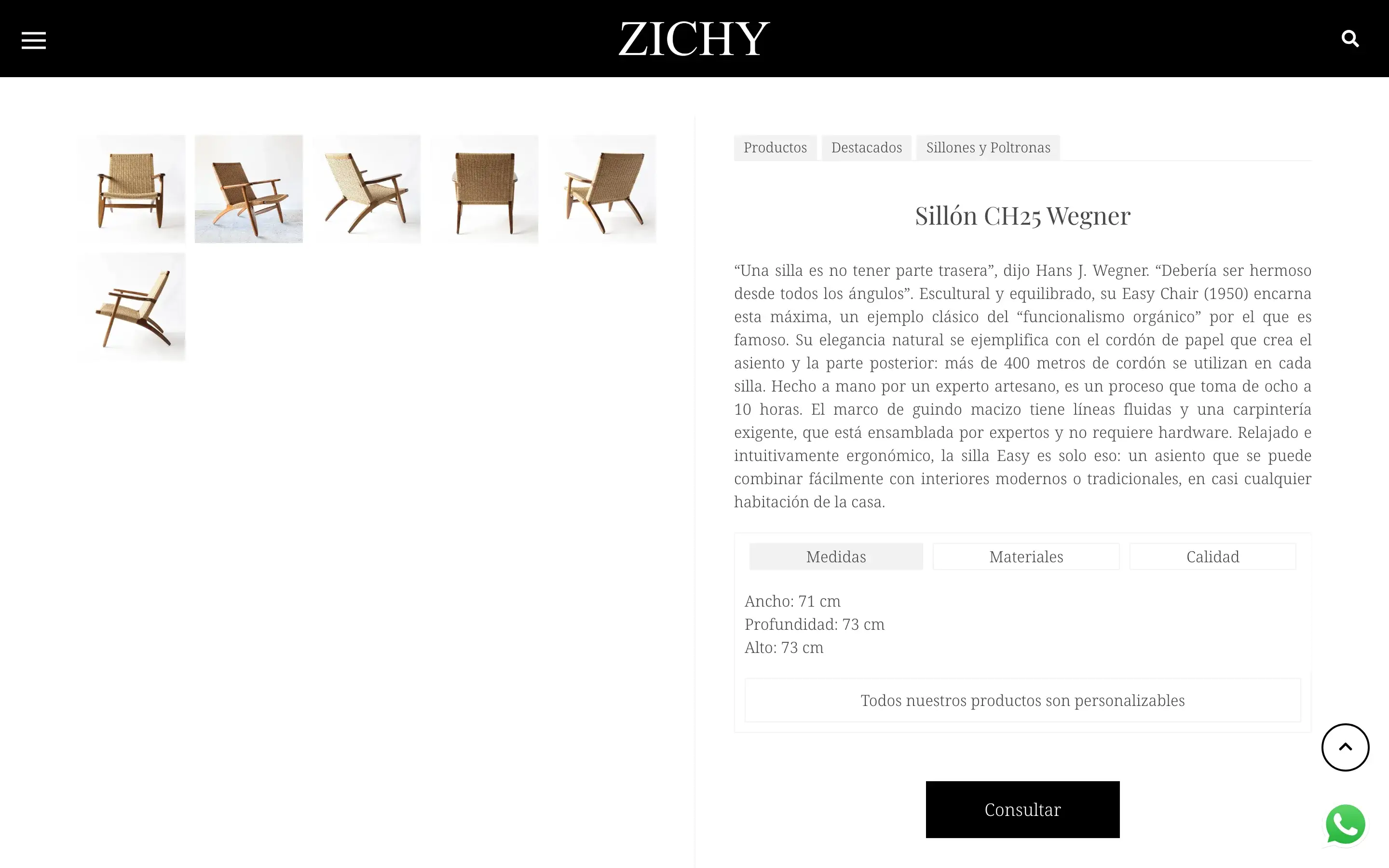 Ficha de producto · Sillón CH25 Wegner (con tabs Medidas/Materiales/Calidad)