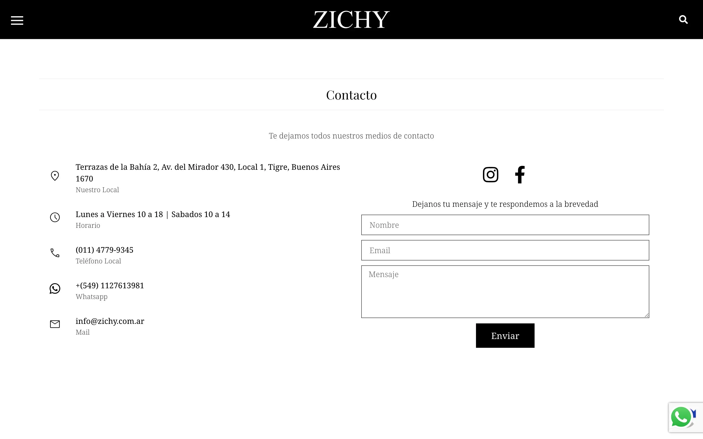 Contacto · formulario y datos del showroom